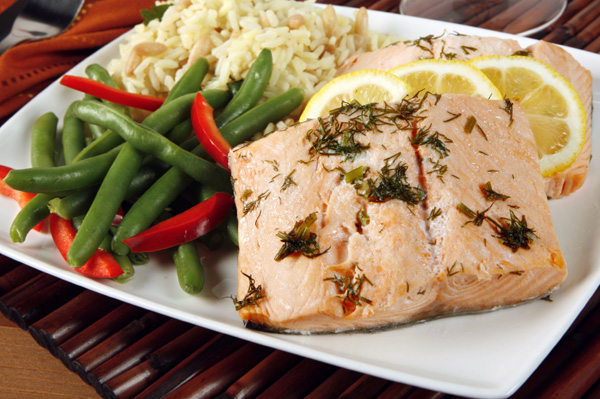 Poached salmon dinner
