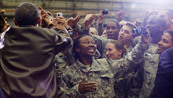 Soldiers in Afghanistan with POTUS