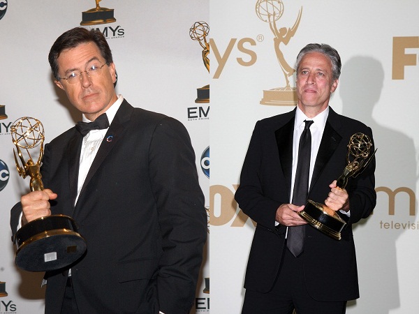Stephen Colbert and Jon Stewart with their Emmys