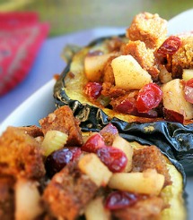 Cornbread stuffing with maple roasted acorn squash