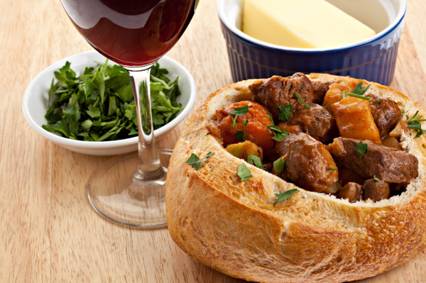 Beef stew in bread bowl