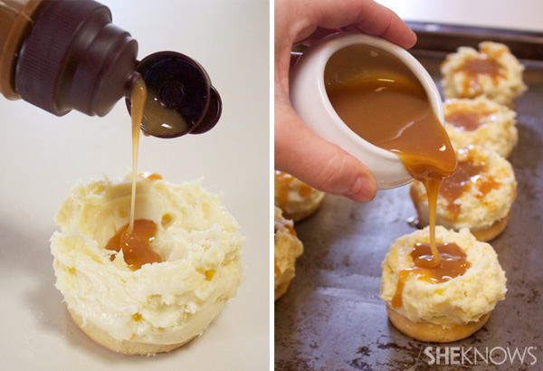 Cheesecake mashed potato bites with caramel gravy