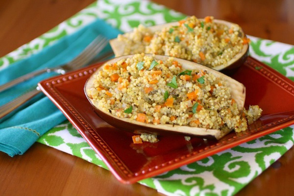 Eggplant boats stuffed with millet and vegetables