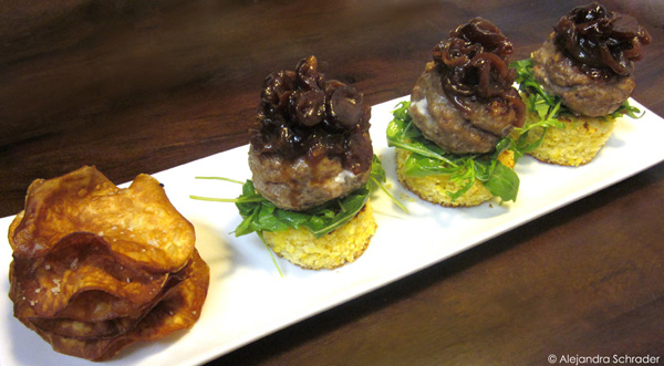 Open-face stuffed turkey sliders with cranberry-onion compote, thyme corn bread ‘buns’, and sweet potato chips recipe