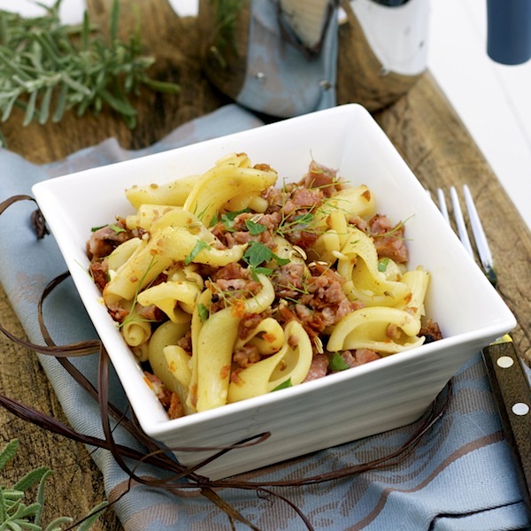 pasta with sausages, cheese and tomatoes