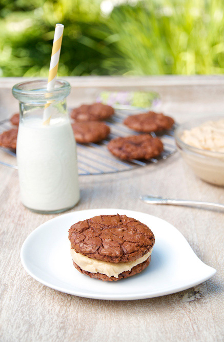 Chocolate Brownie Cookies with salted caramel filling