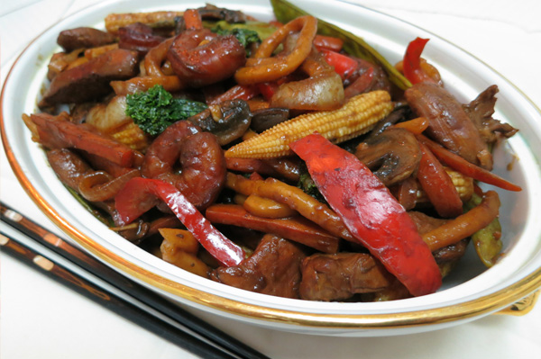 Chicken, shrimp and vegetable udon noodle stir-fry