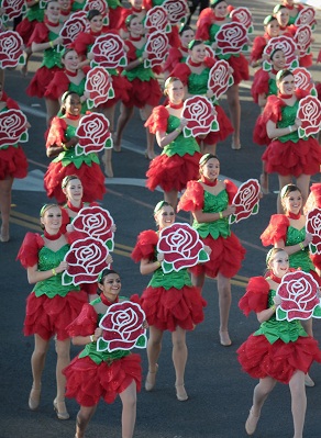 Marching Rose Bowl Parade flowers