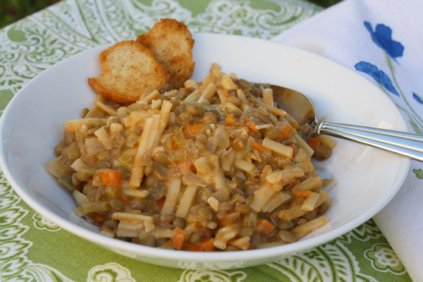 Lentil soup with veggies and pasta