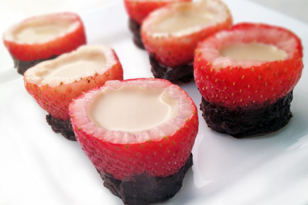 chocolate-covered strawberries shot glasses with vanilla vodka and chocolate liqueur