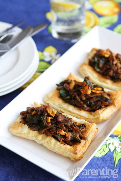 Caramelized onion, pancetta & chard tart