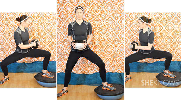Wide legged bosu squat with a twist 1 and 3