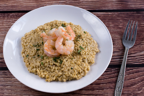 Butter poached shrimp with steel-cut oat risotto