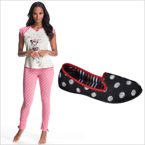 Minnie Mouse pajamas an polka dot slippers