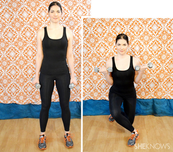Curtsy lunge with biceps curl 1