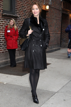 Jennifer Lawrence in a black coat