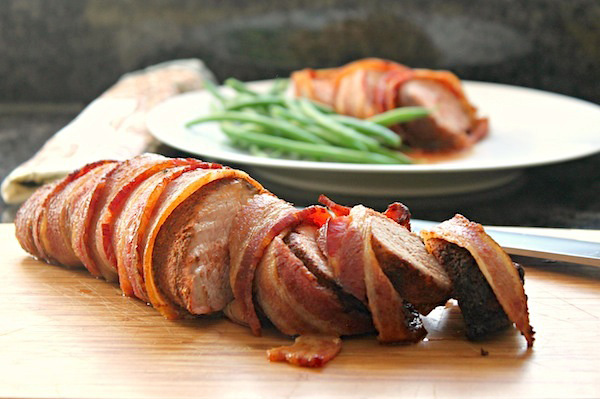 Spice rubbed pork tenderloin wrapped in bacon