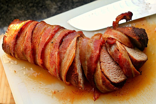 Spice rubbed pork tenderloin wrapped in bacon
