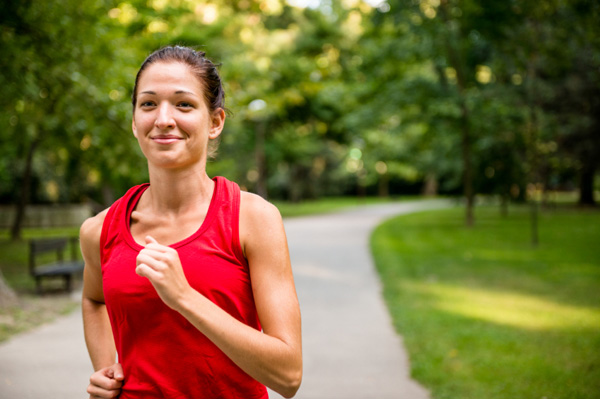 Woman in red jogging