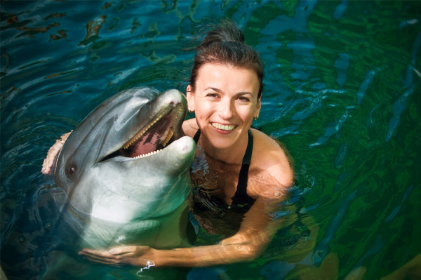 Woman swimming with dolphins
