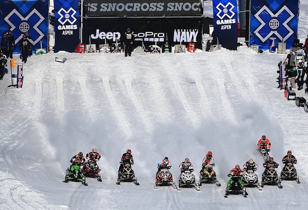 Snowmobiles line up at the 2013 Aspen X Games.