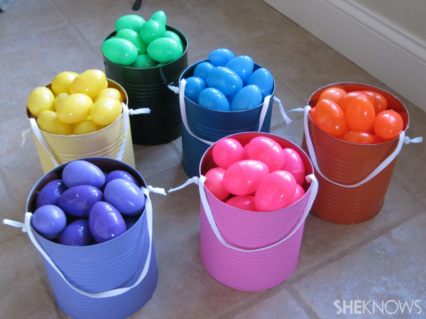 Colorful paint cans for Easter egg hunt