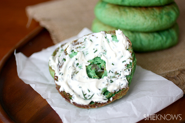 green homemade bagels with chive cream cheese