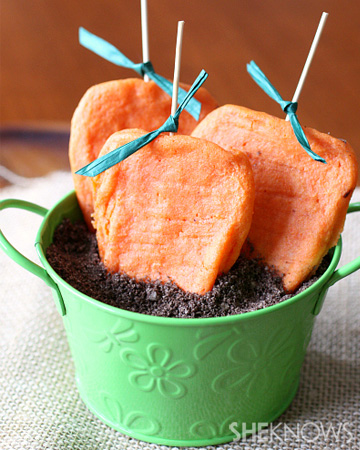 Carrot shaped sugar cookies in edible cookie 
