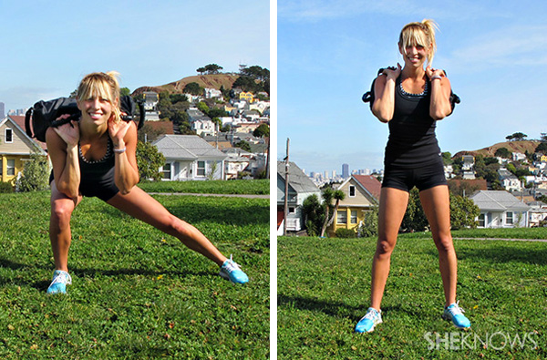 Side lunges using a sandbag