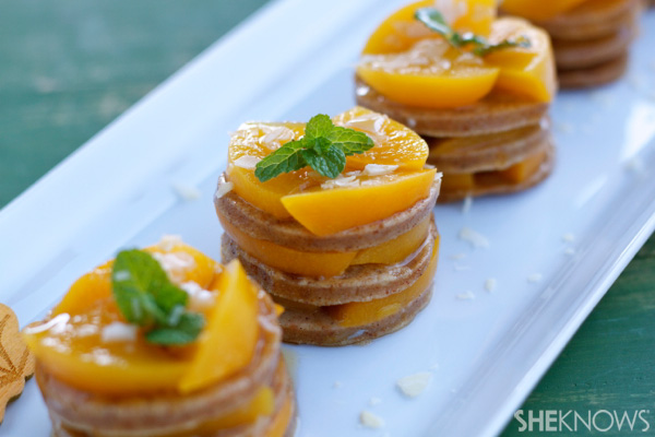 Amaretti pancakes with peaches and reduced Amaretto syrup