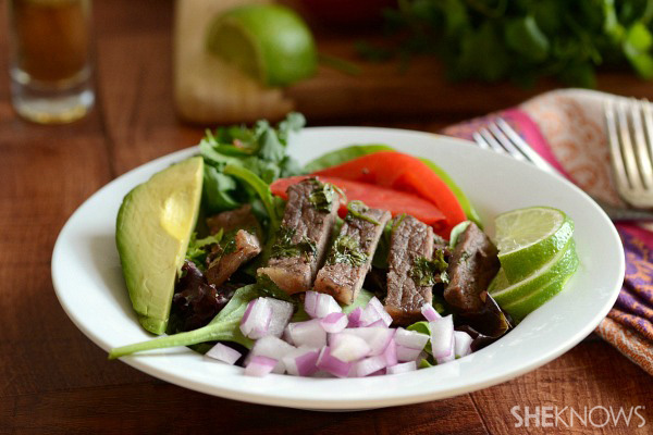 Tequila braised steak salad with avocados