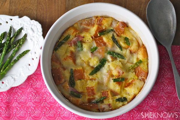 Ham, cheese, and asparagus brioche bake