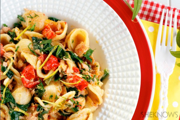 Orecchiette with salmon, spinach, tomatoes & lemon