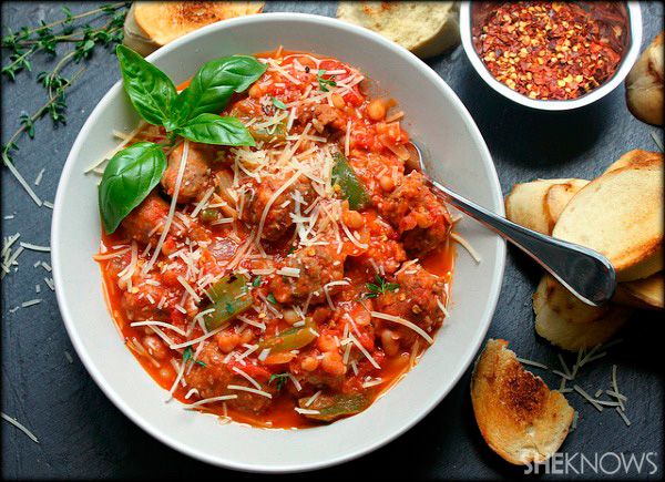 Sausage and white beans in a spicy rustic red sauce