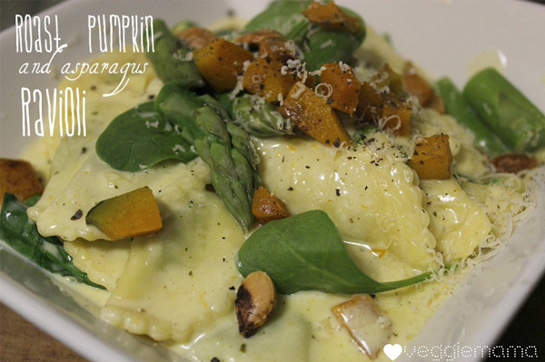 Roast Pumpkin and asparagus ravioli