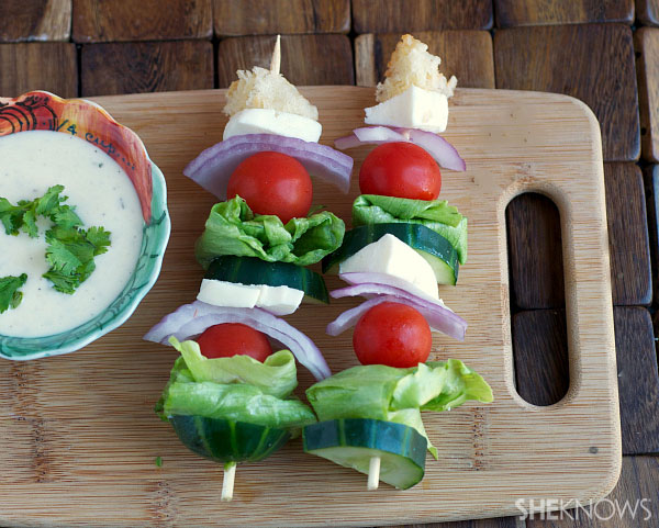 Salad kabobs with dressing dip