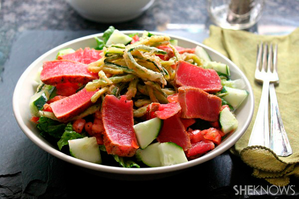 Cajun-dusted pan-seared Ahi tuna salad with fried zucchini strips