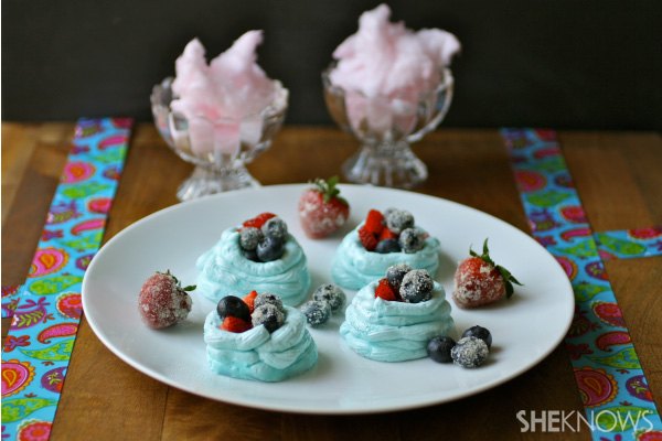 Cotton candy meringue cups with fresh berries