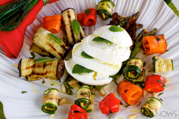 Grilled vegetables with mozzarella, pine nuts & mint