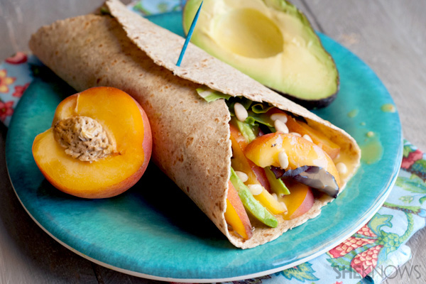 Fresh peach and avocado wrap with honey lime spread