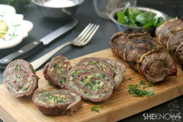 Beef braciola rolls with prosciutto, parmesan cheese, toasted pine nuts and parsley