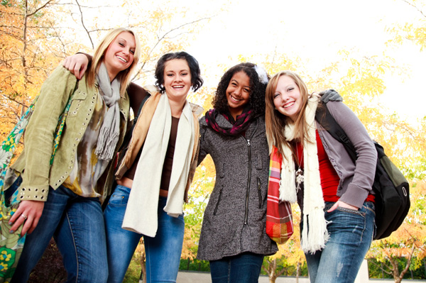 Groupl of college girls on campus