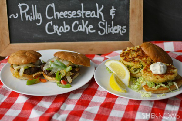 Surf or turf sliders: Philly cheesesteak and crab cake sliders