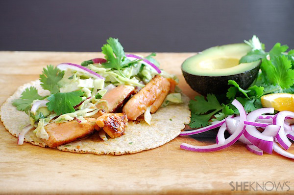 Chili-orange salmon tacos with avocado coleslaw