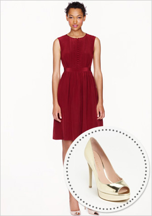 Silk pintuck dress and peep toe pumps