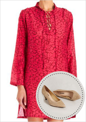 Silk tunic and fish scale leather heels