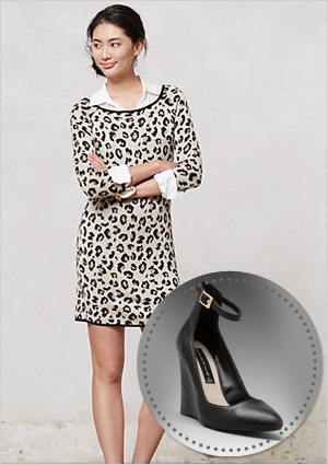 Sweater dress and ankle straw wedge heels