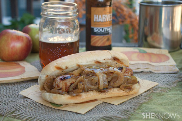Beer braised brats with caramelized onion, apple and Dijon