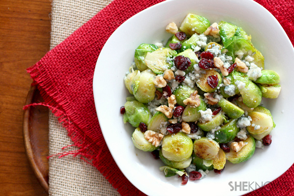 Brussels sprouts with cranberries, blue cheese and walnuts