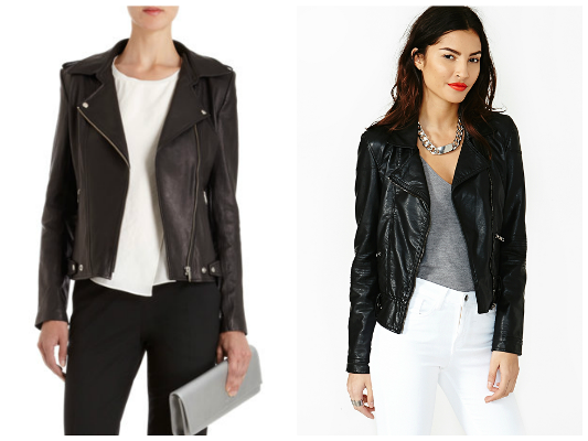 Look moto-chic in a classic leather jacket. Instead of spending $1,495 on Theyskens' Theory Jiker Jacket (left), try Nasty Gal's edgy Rebel Rouser jacket